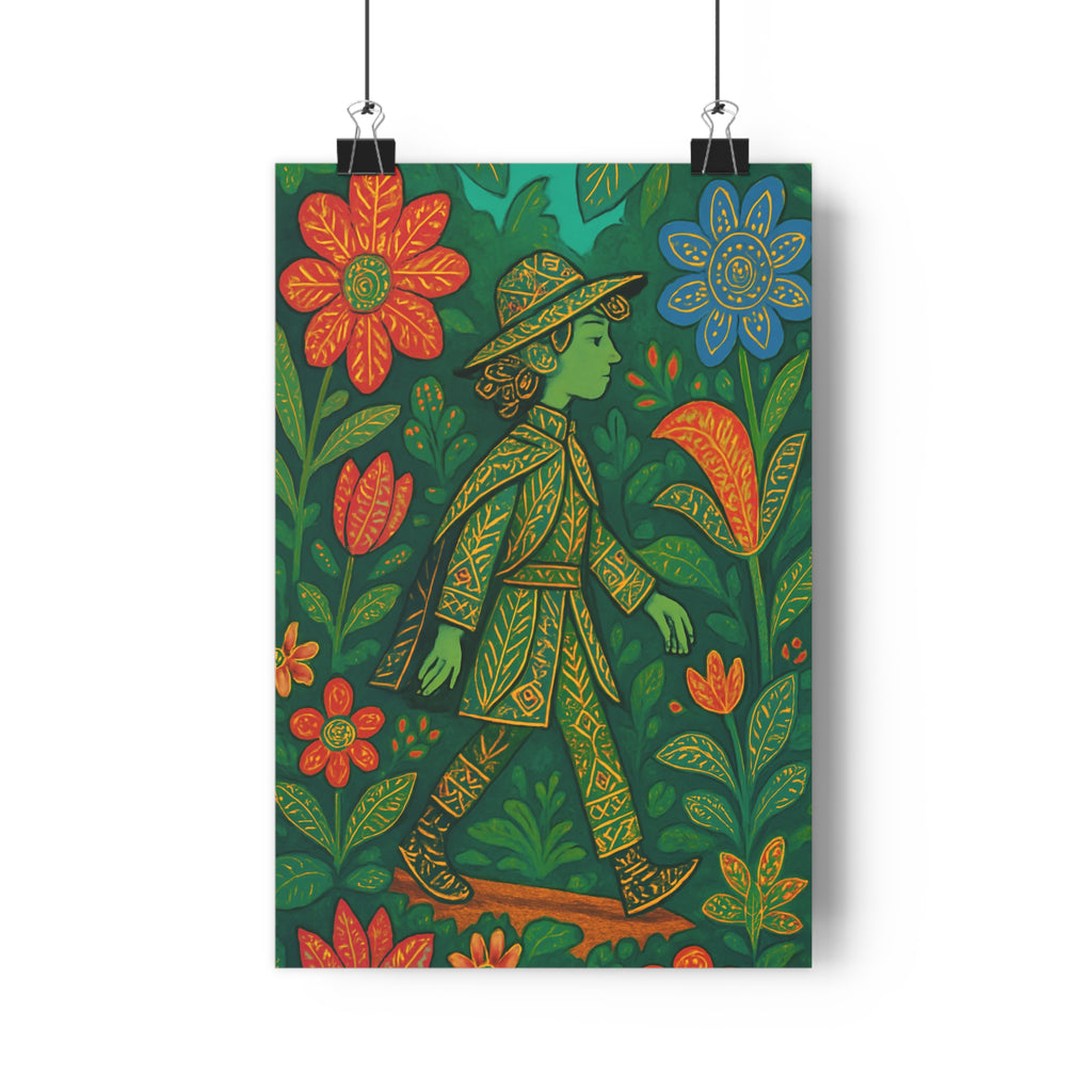 Poster décoratif vibrante jardin personnage stylisé vert rouge orange bleu artistique chambre salon qualité