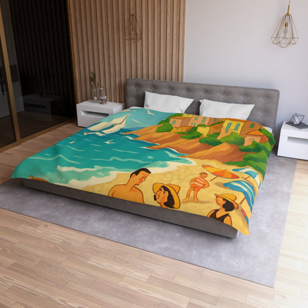 Housse de couette plage méditerranéenne avec paysages colorés et vacanciers ensoleillés
