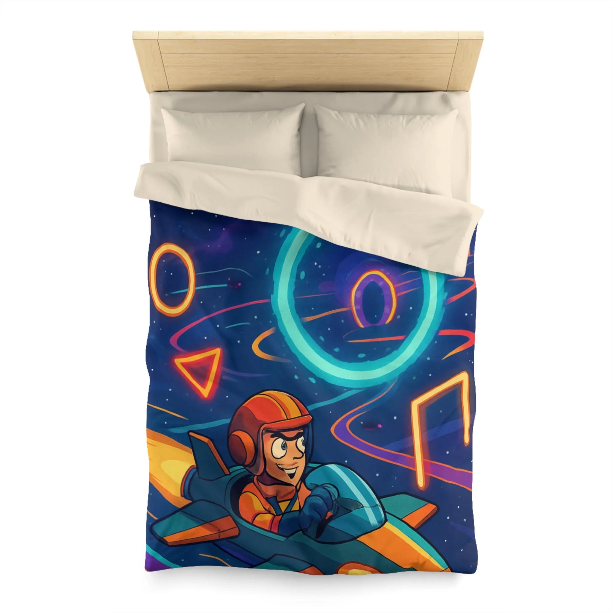 Housse de Couette Enfantine avec Motifs Spatiaux et Dessins de Vaisseau Spatial