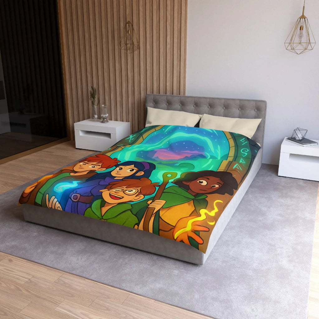 Housse de couette magique avec aventuriers devant portail et runes lumineuses