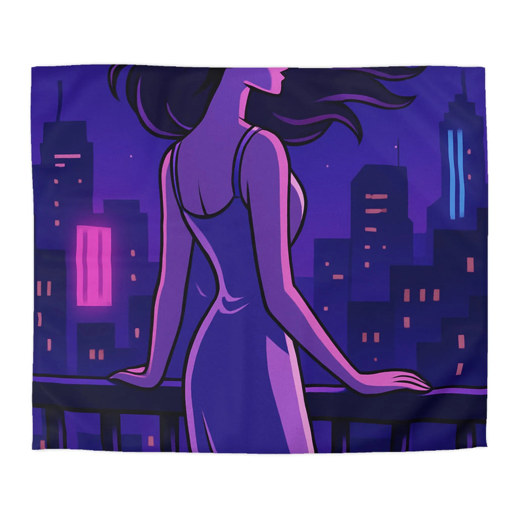 Housse de couette avec femme contemplant ville nocturne éclairée, style rétro futuriste animé