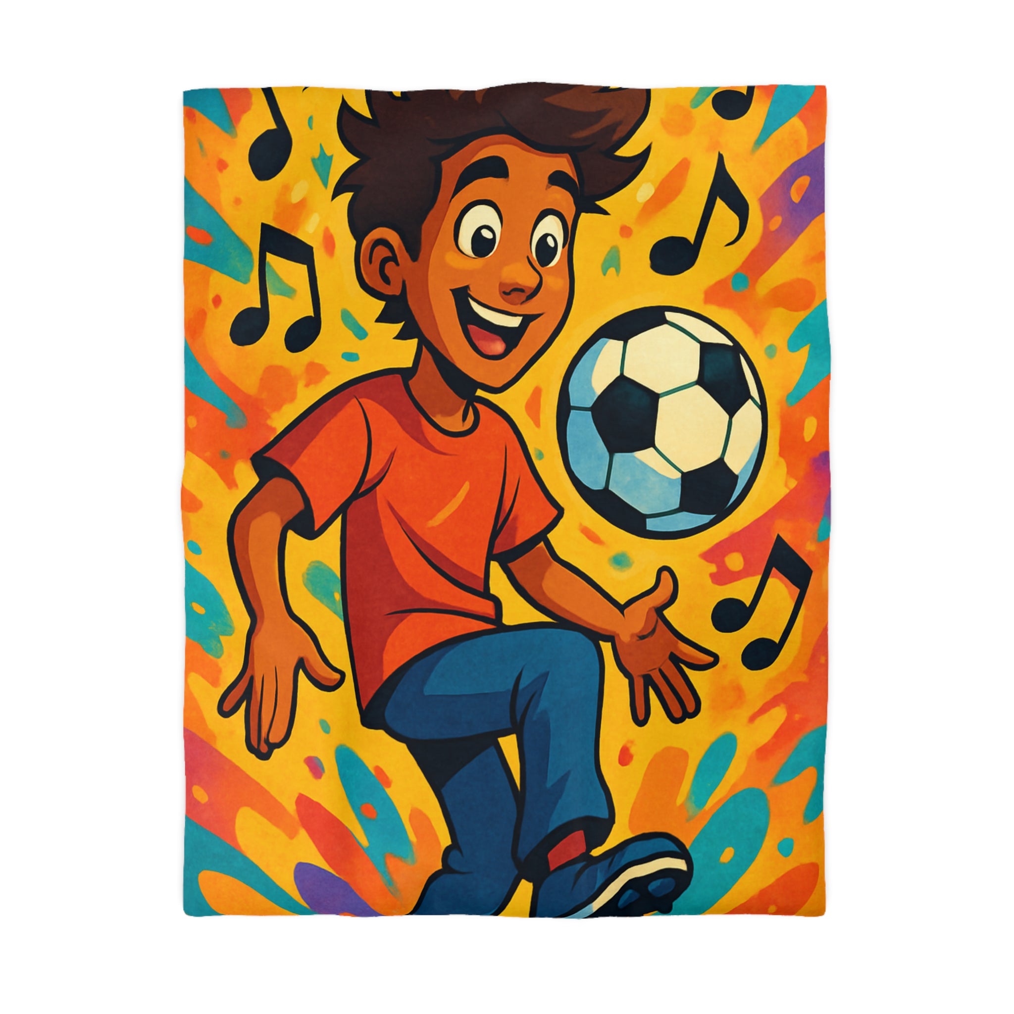 Housse de Couette Sport Jeune Garçon Jouant au Football avec Notes Musicales