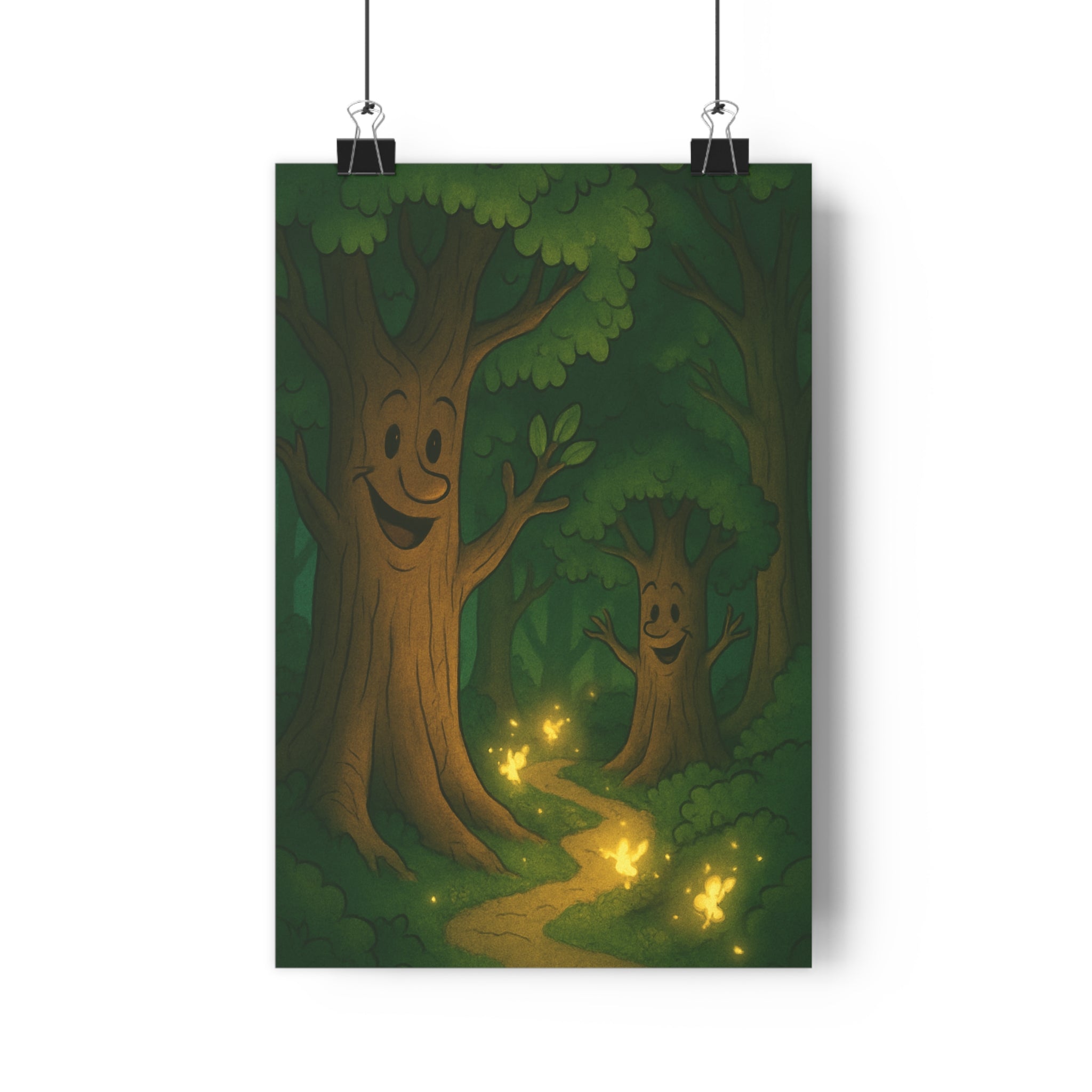 Poster décoratif cartoon forêt magique vert doré lumineux féerique enfant chambre ambiance joyeuse expressive