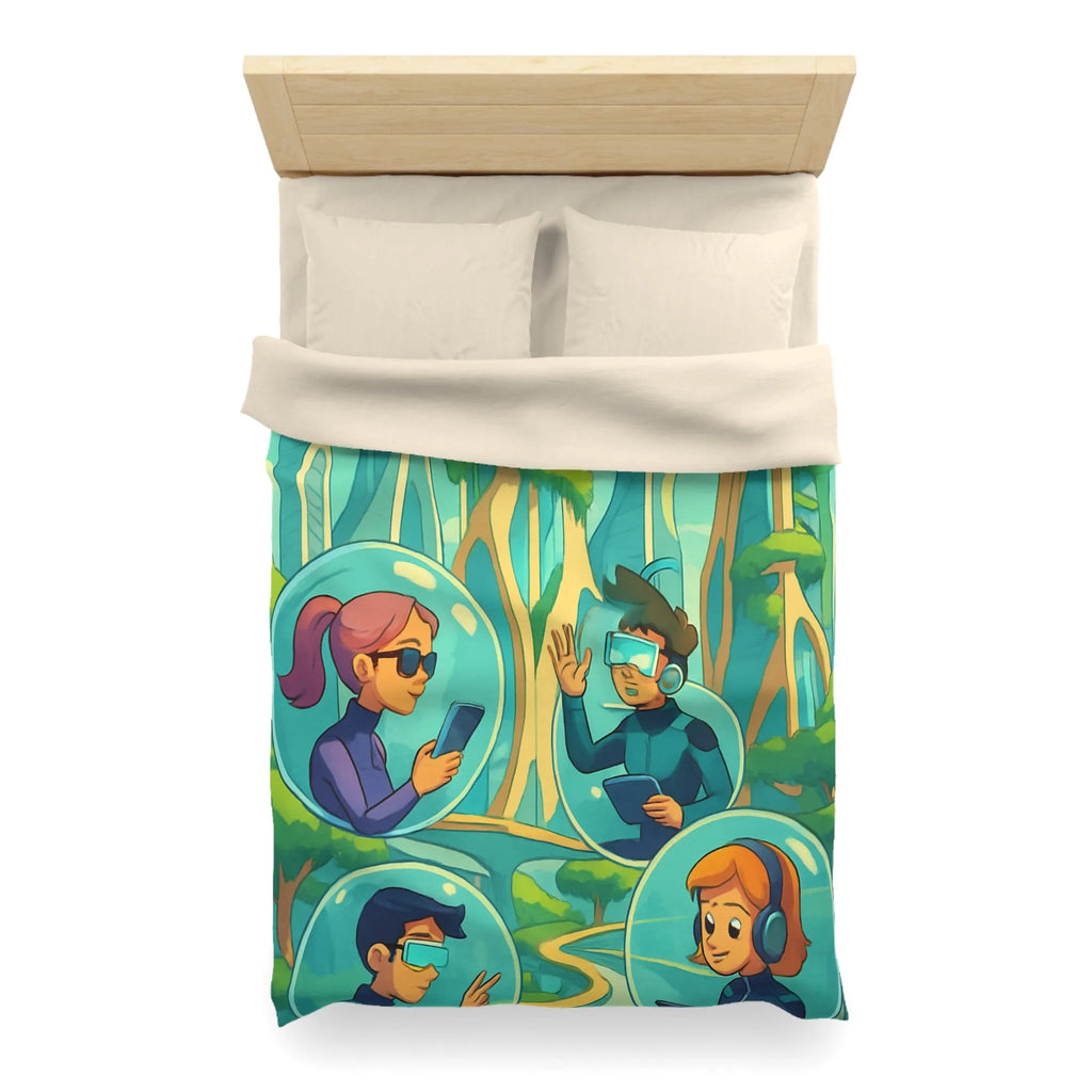 Housse de couette futuriste avec paysage urbain et personnages connectés en réalité augmentée