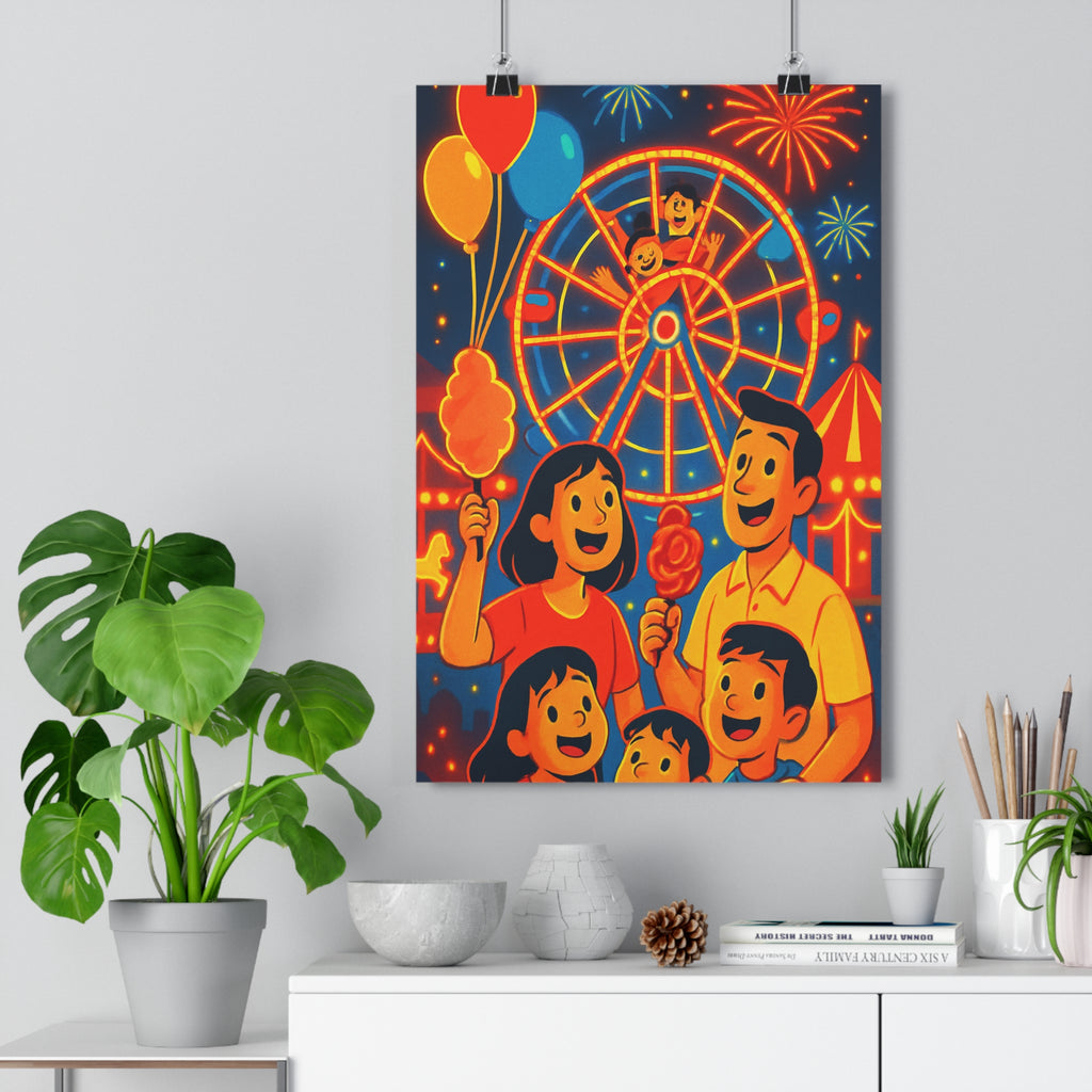 Poster décoratif fête foraine joyeuse famille enfants chambre ambiance lumineuse rouge jaune bleu qualité