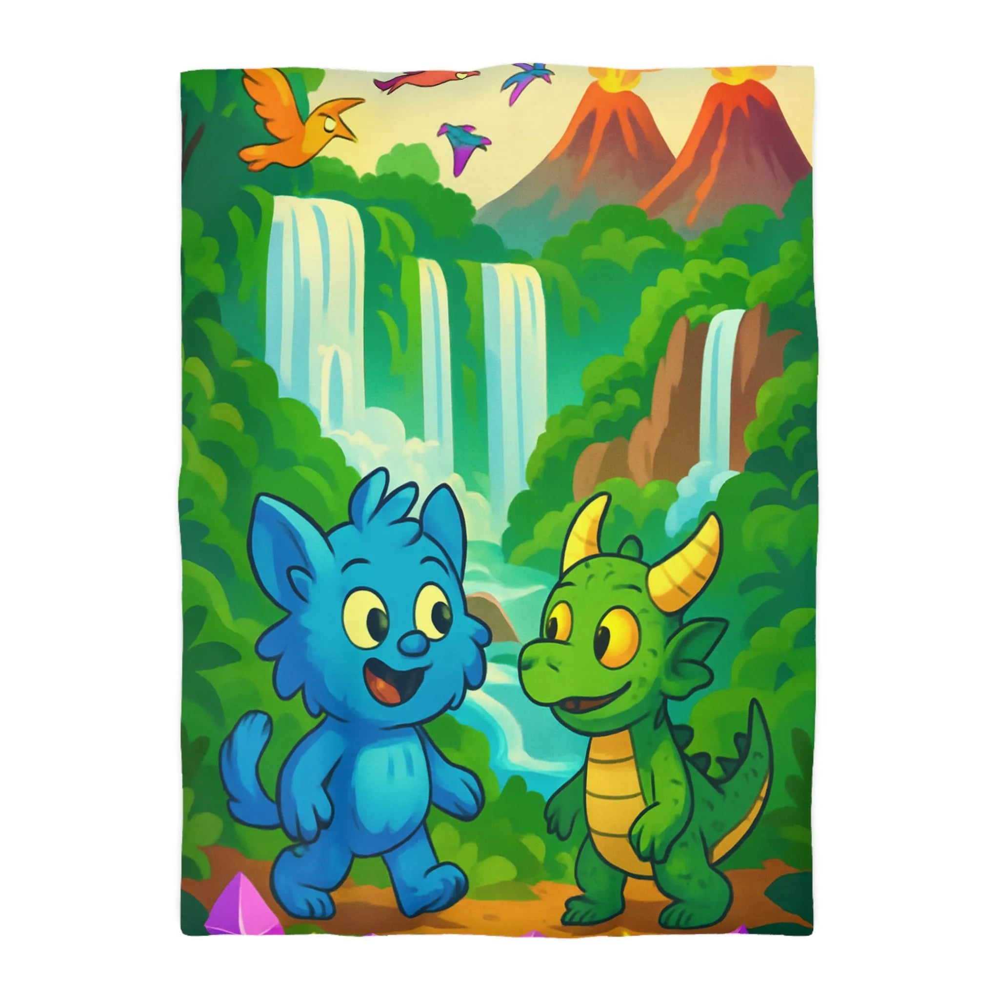 Housse de Couette Fantaisie Enfants Avec Animaux et Paysage Magique Coloré Vert et Bleu