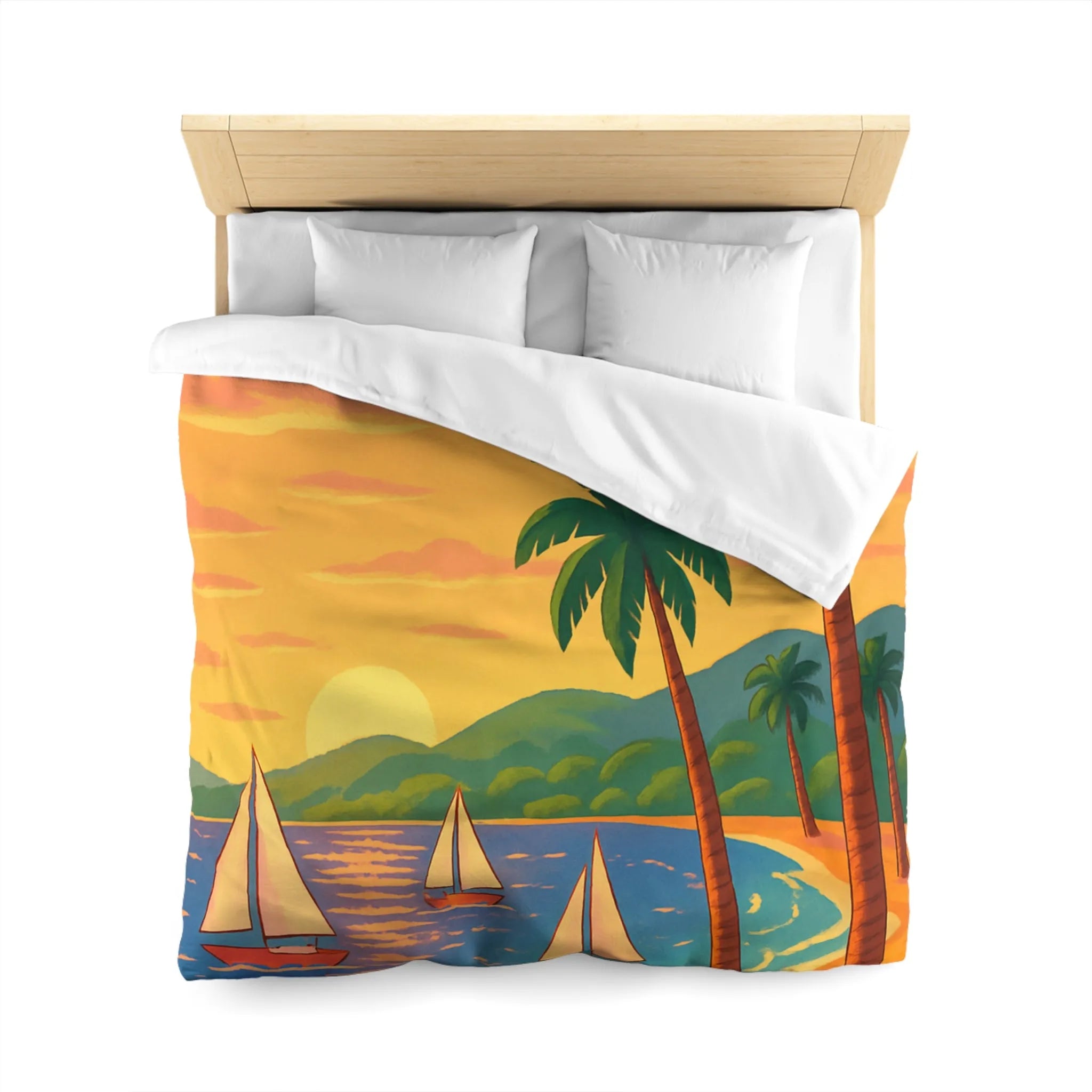 Housse de couette avec motif tropical, plage, palmiers et voiliers au coucher de soleil