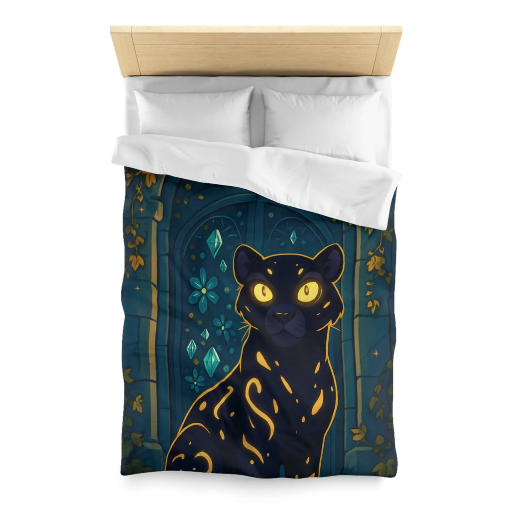 Housse de couette féline enchantée avec portail lunaire et arabesques dorées en forêt