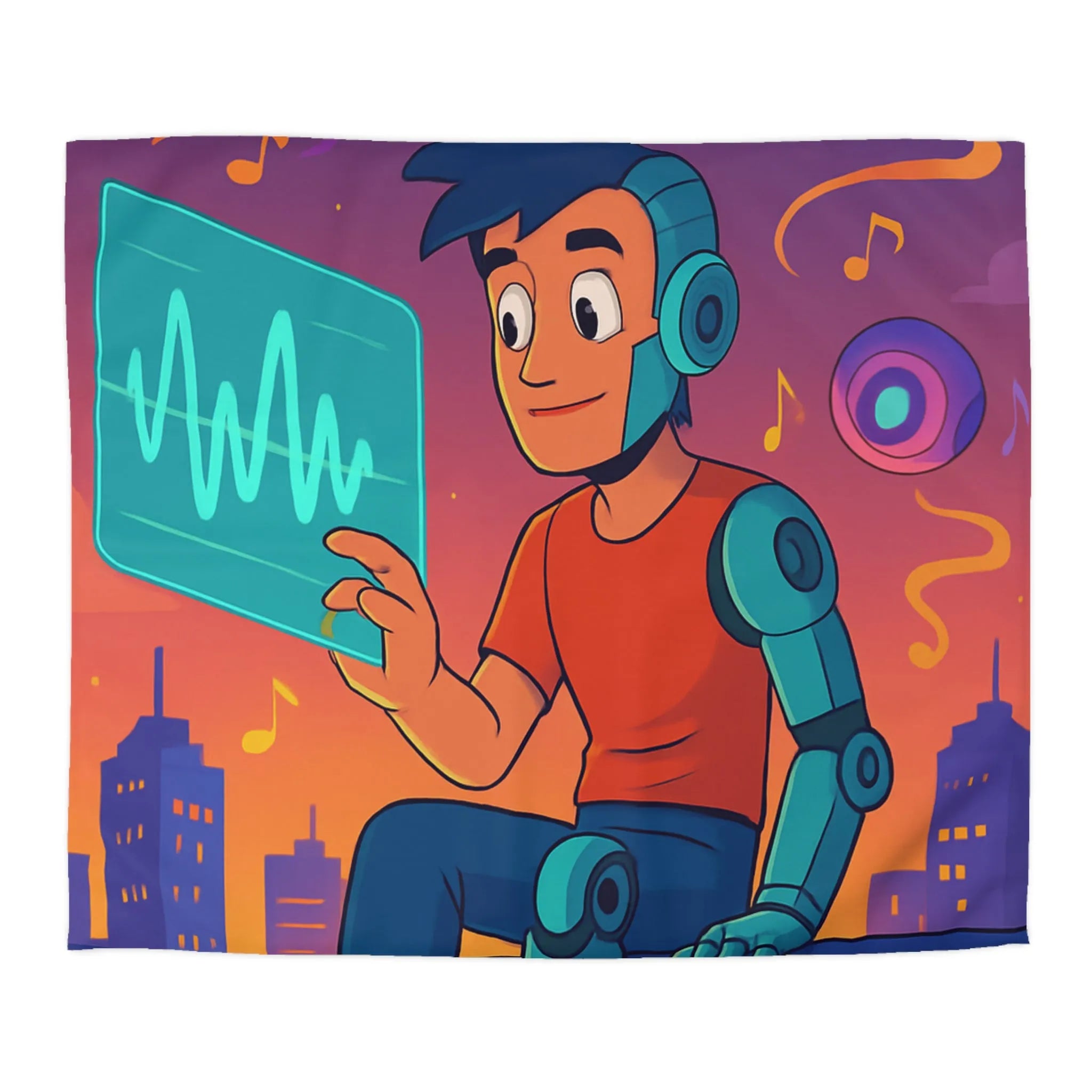 Housse de couette illustrée avec robot et skyline de nuit vibrante et colorée