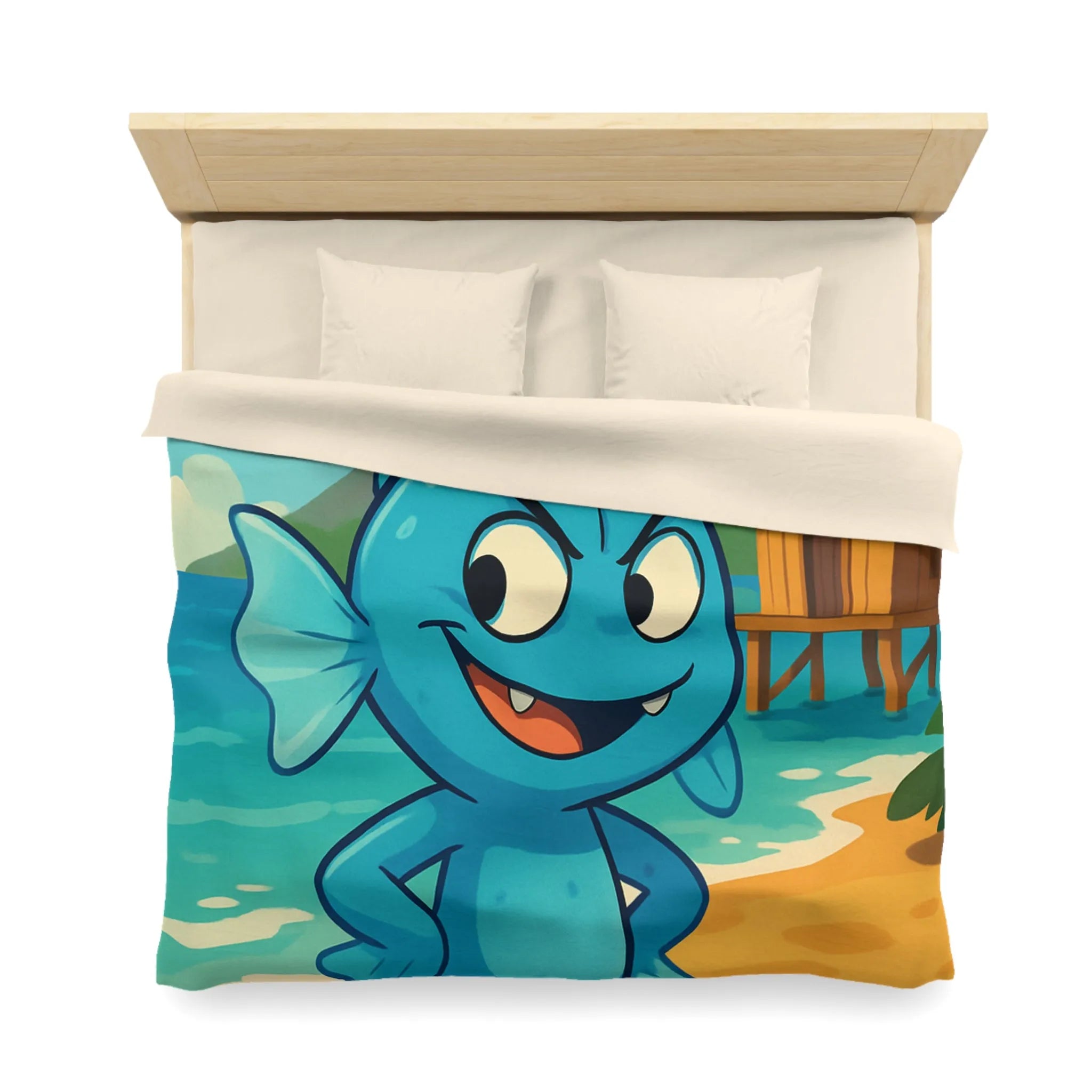 Housse de couette île tropicale avec poisson bleu et volcan en arrière-plan