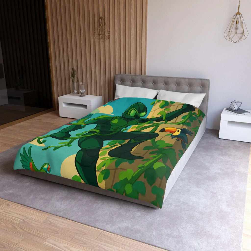 Housse de couette jungle animée avec héros vert grimpant et oiseaux colorés