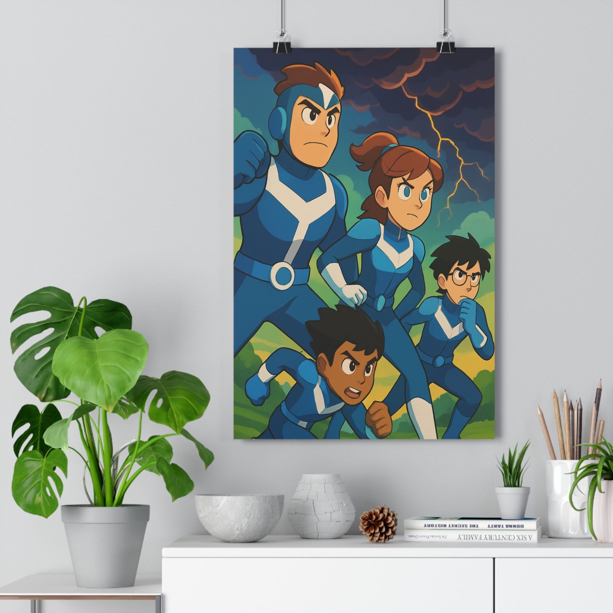 Poster décoratif action dessin animé bleu jaune dynamique chambre jeu intense captivant aventure orageux