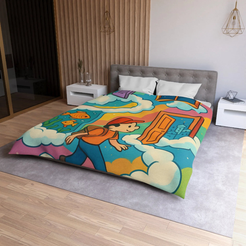 Housse de couette colorée avec portes magiques, nuages et aventure pour enfants rêveurs