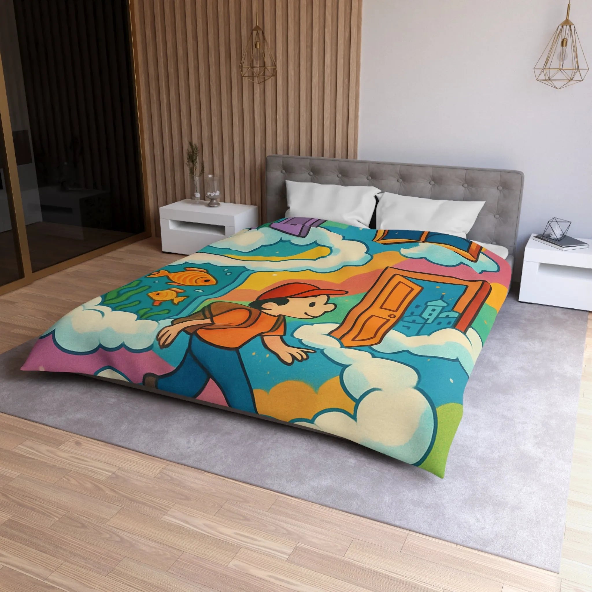 Housse de couette colorée avec portes magiques, nuages et aventure pour enfants rêveurs