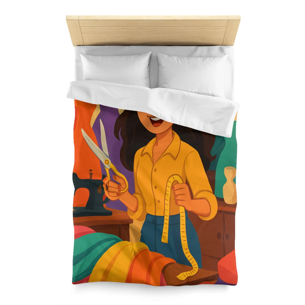 Housse de couette colorée avec motifs de couturière, outils et mannequins élégants