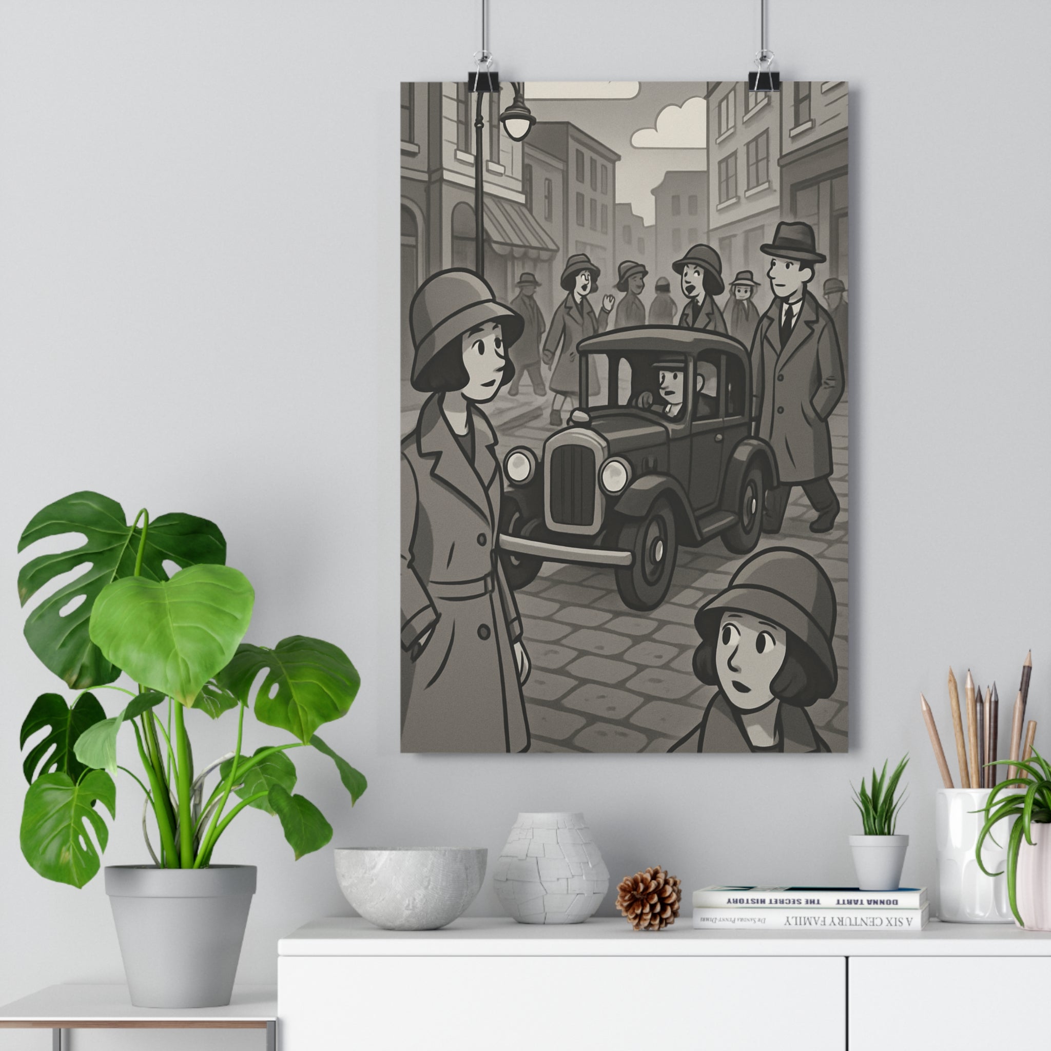 Poster décoratif vintage monochrome rétro nostalgique dessin animé noir blanc salon intemporel nostalgie ambiance