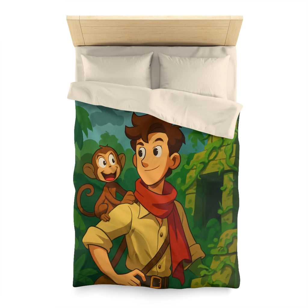 Housse de couette jungle aventure avec singe, avion biplan et ruines mystérieuses