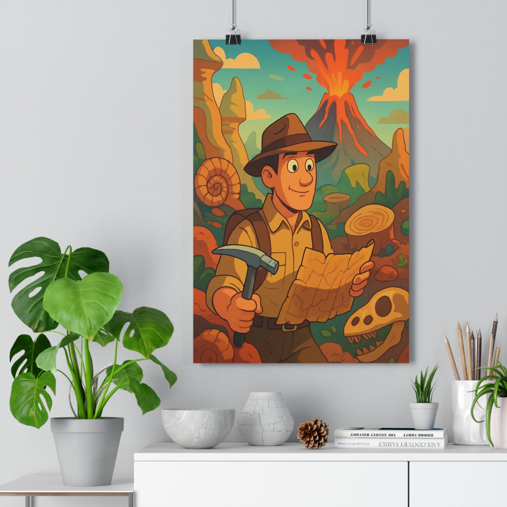 Poster décoratif aventure scientifique cartoon rouge bleu vert chambre enfant éducatif ludique exploration paysage