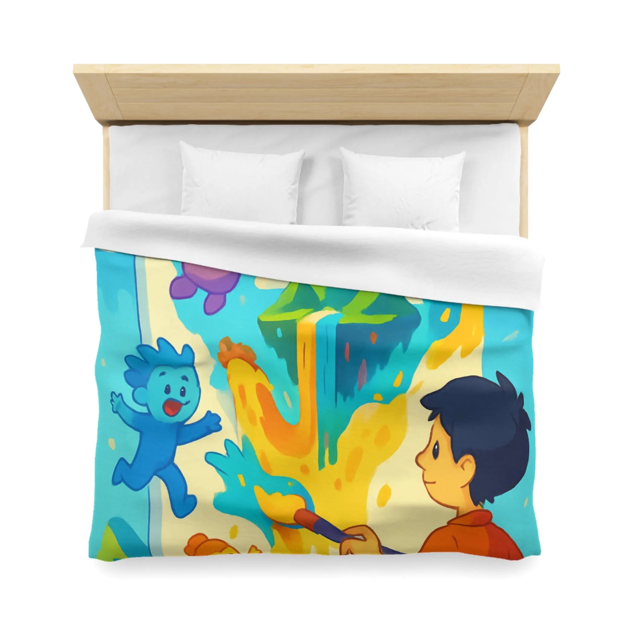 Housse de couette colorée avec personnages joyeux et paysage de montagne fantastique