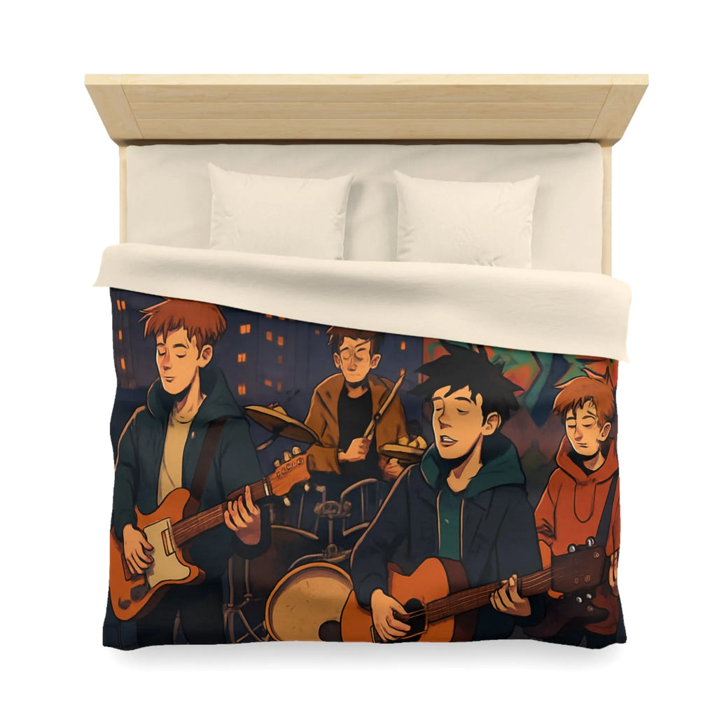Housse de couette avec illustration de groupe jouant sur toit urbain au crépuscule