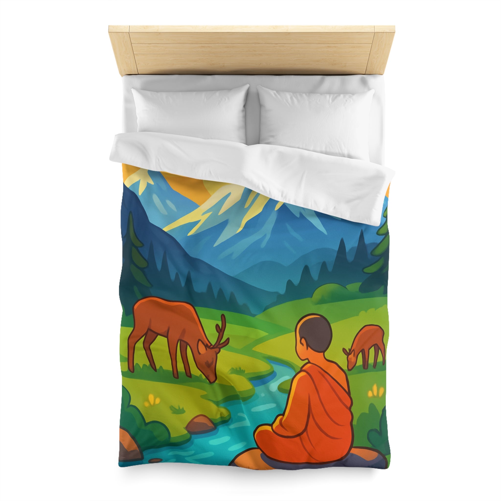 Housse de couette zen avec paysage montagneux, moine, cerfs et rivière tranquille