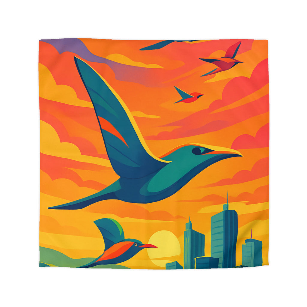 Housse de Couette Vibrante avec Oiseaux Volant au-dessus Champs et Ville au Crépuscule