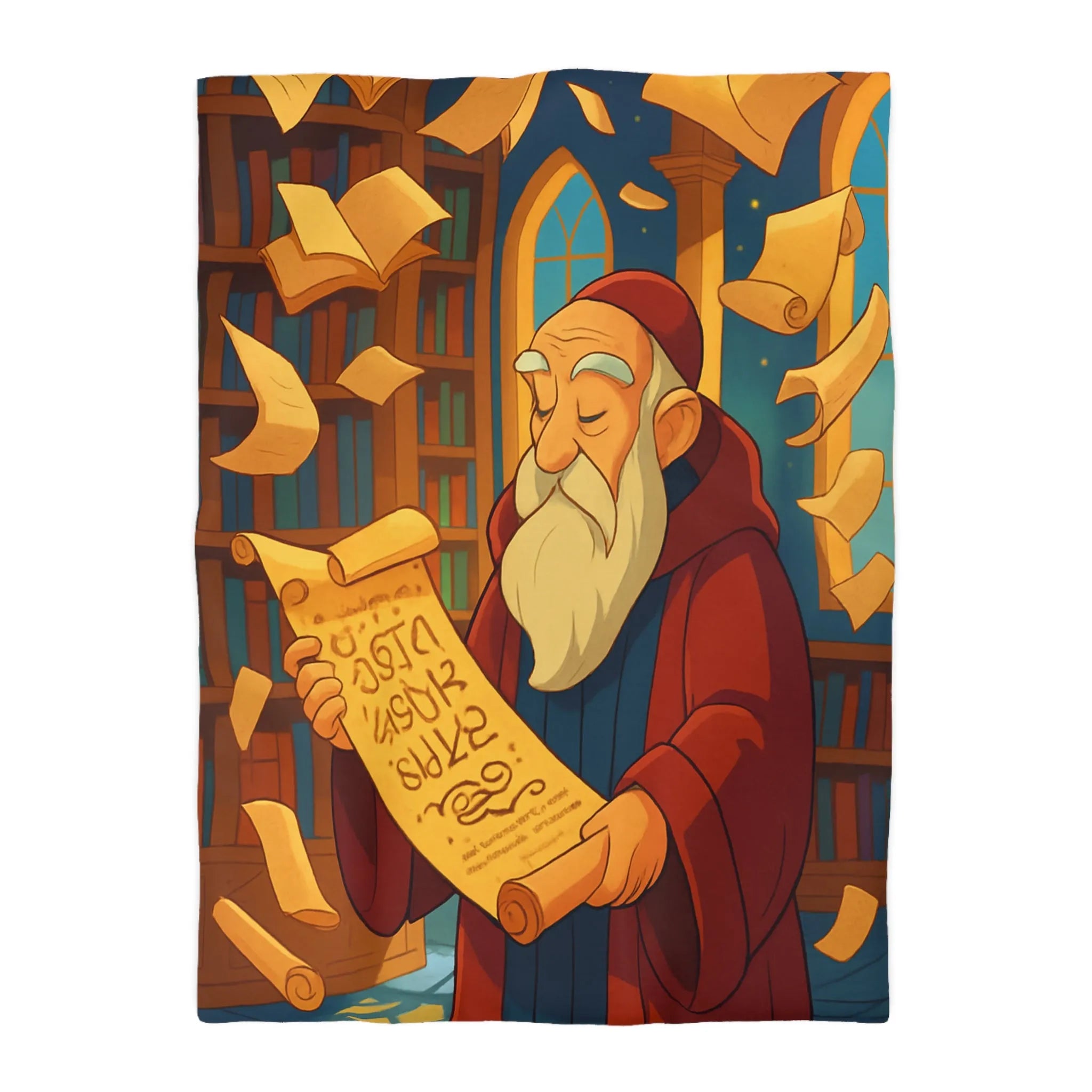 Housse de couette élégante avec design de bibliothèque, parchemins et sage en robe rouge