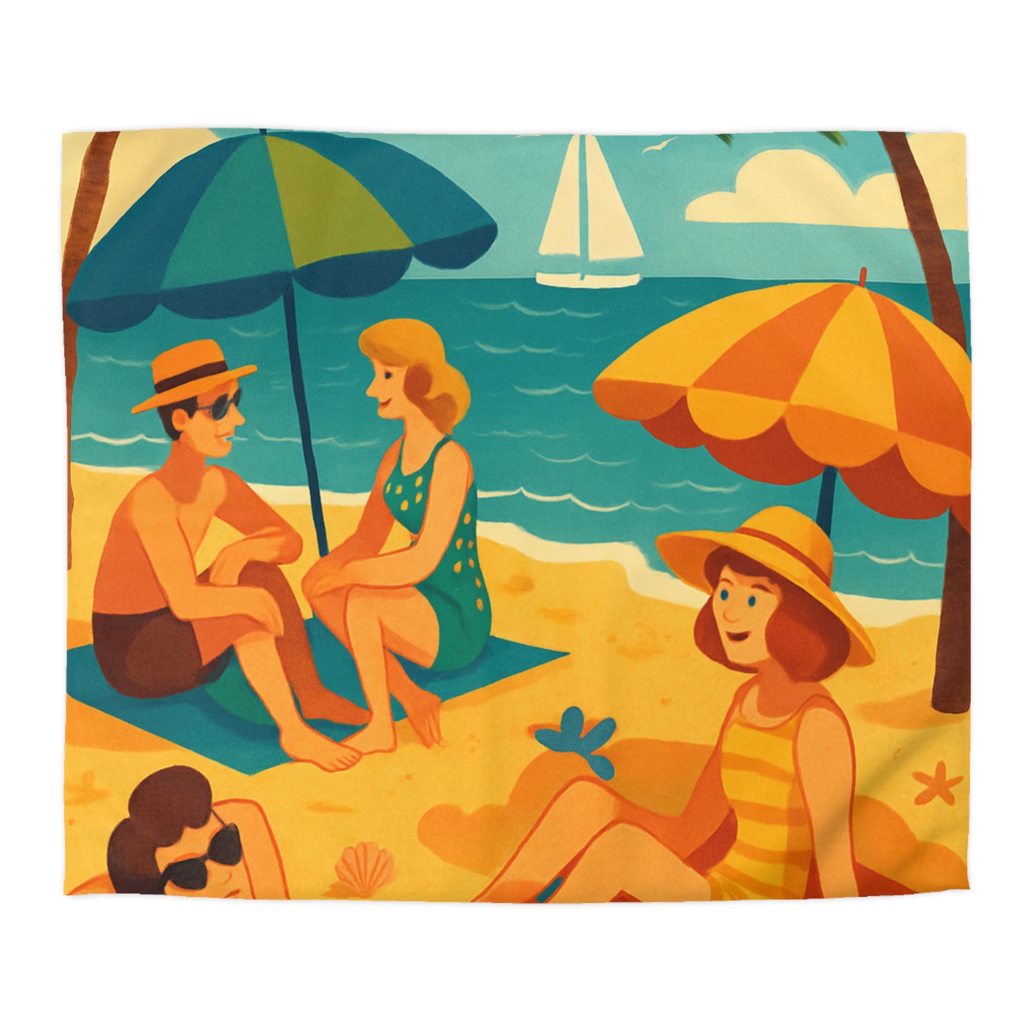 Housse de couette rétro plage colorée avec palmiers, parasols et amis au soleil