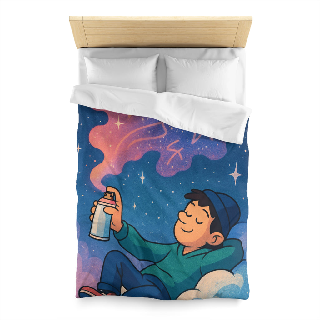 Housse de couette rêve étoilé avec jeune garçon et spray cosmique coloré