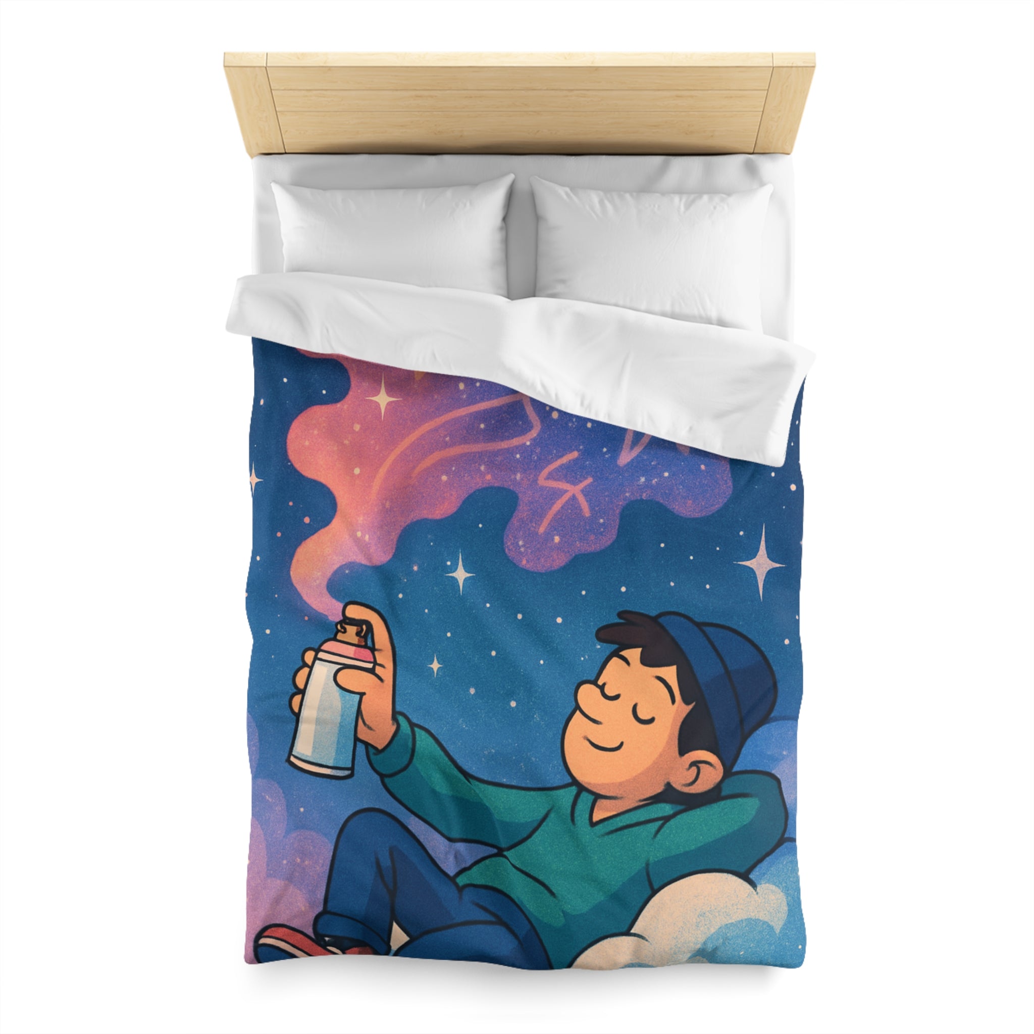 Housse de couette rêve étoilé avec jeune garçon et spray cosmique coloré