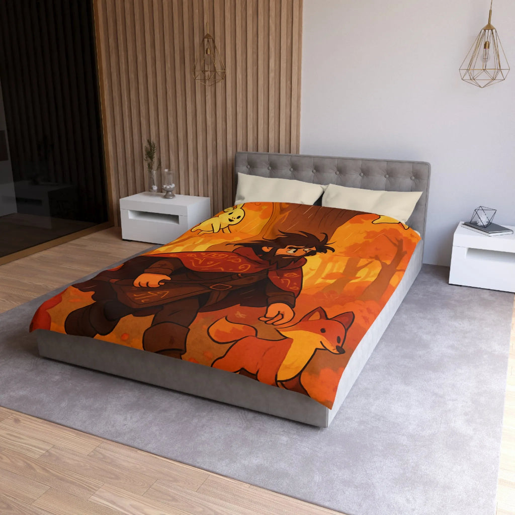 Housse de Couette Artistique avec Forêt Mystique d'Automne, Homme Barbu et Animaux Joyeux