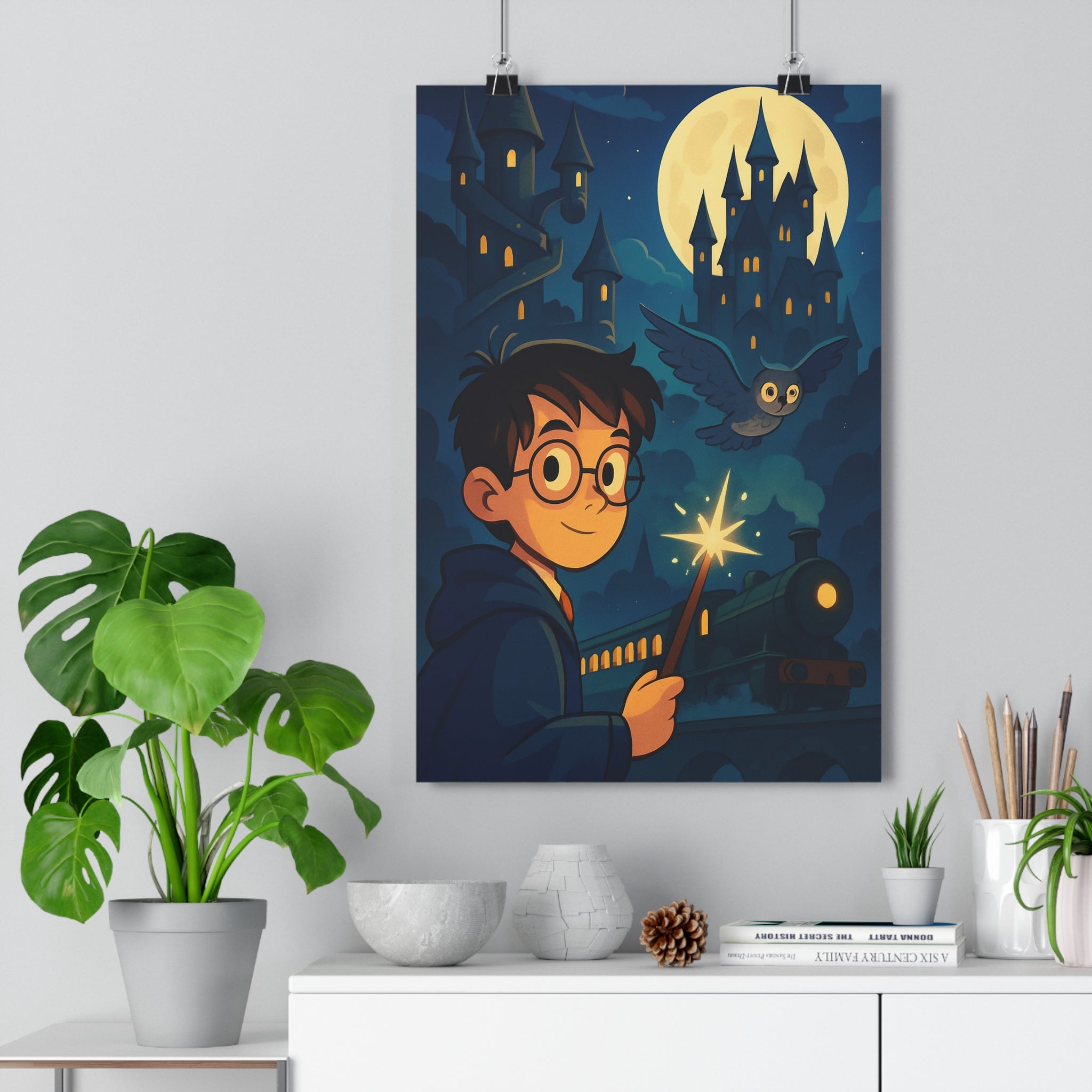 Poster décoratif magique bleu doré mystique animation sorcier baguette chouette château étoilé chambre salon