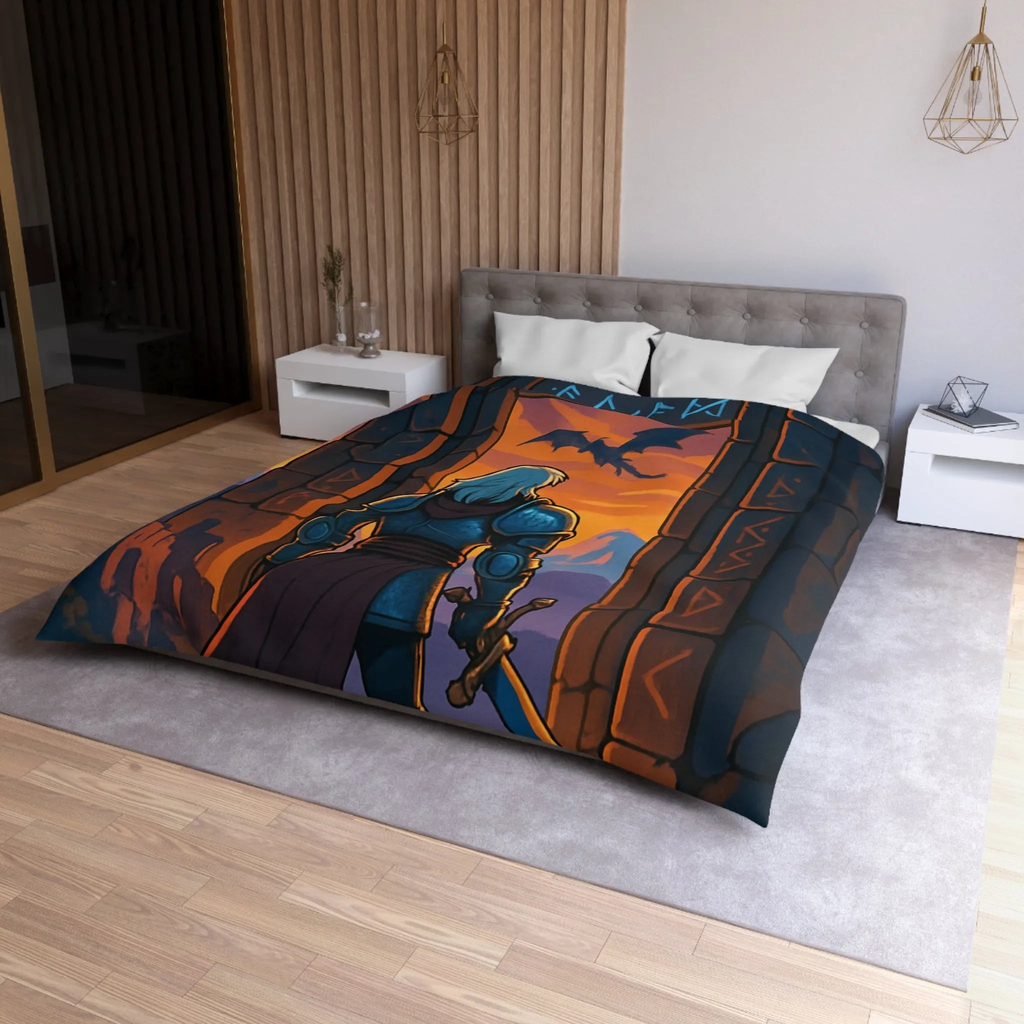 Chevalier Armé Face à Dragon, Paysage Médiéval au Ciel Orange Épique pour Chambre