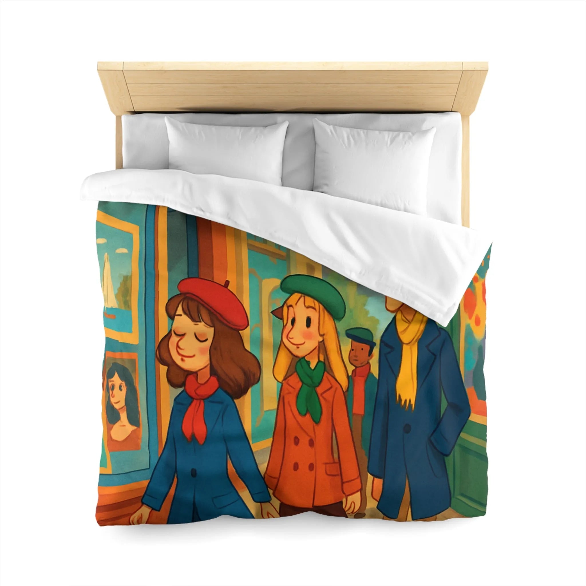 Housse de couette illustrée Paris promenade style rétro avec amis et Tour Eiffel