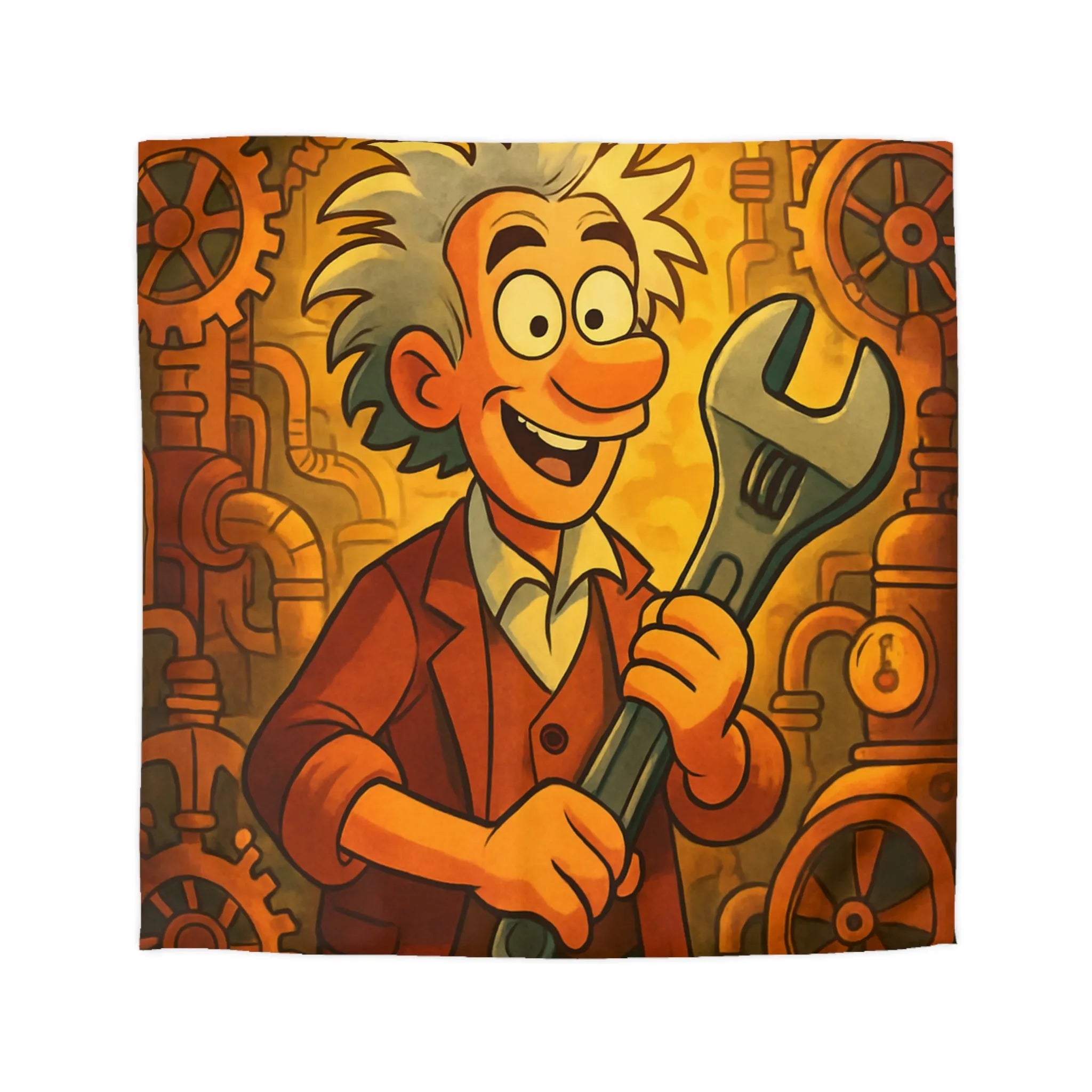 Housse de couette au style rétro avec inventeur animé dans un atelier coloré