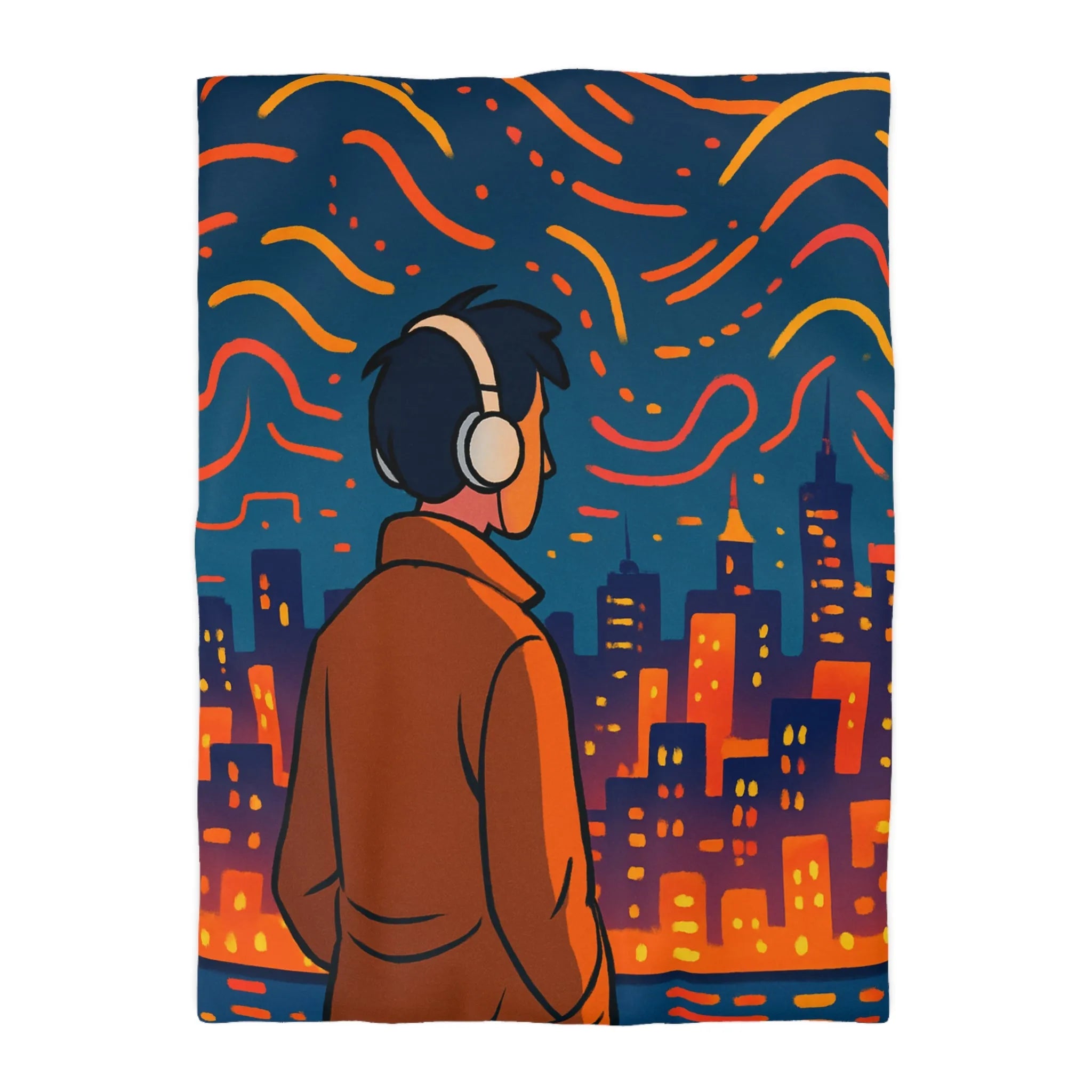 Housse de Couette avec Design Jeune Homme devant Ville Illuminée et Ciel Étoilé