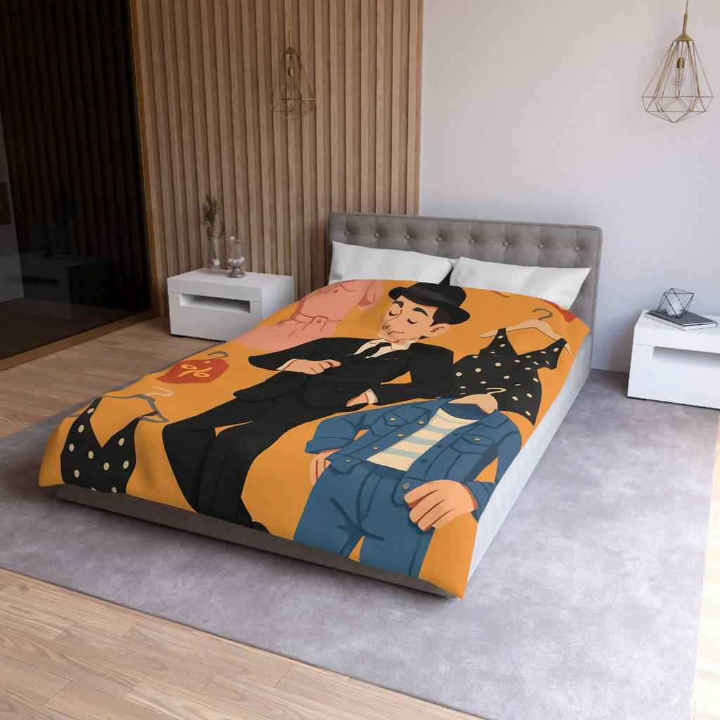 Housse de couette élégante motif magasin de vêtements homme noir et tenues rétro