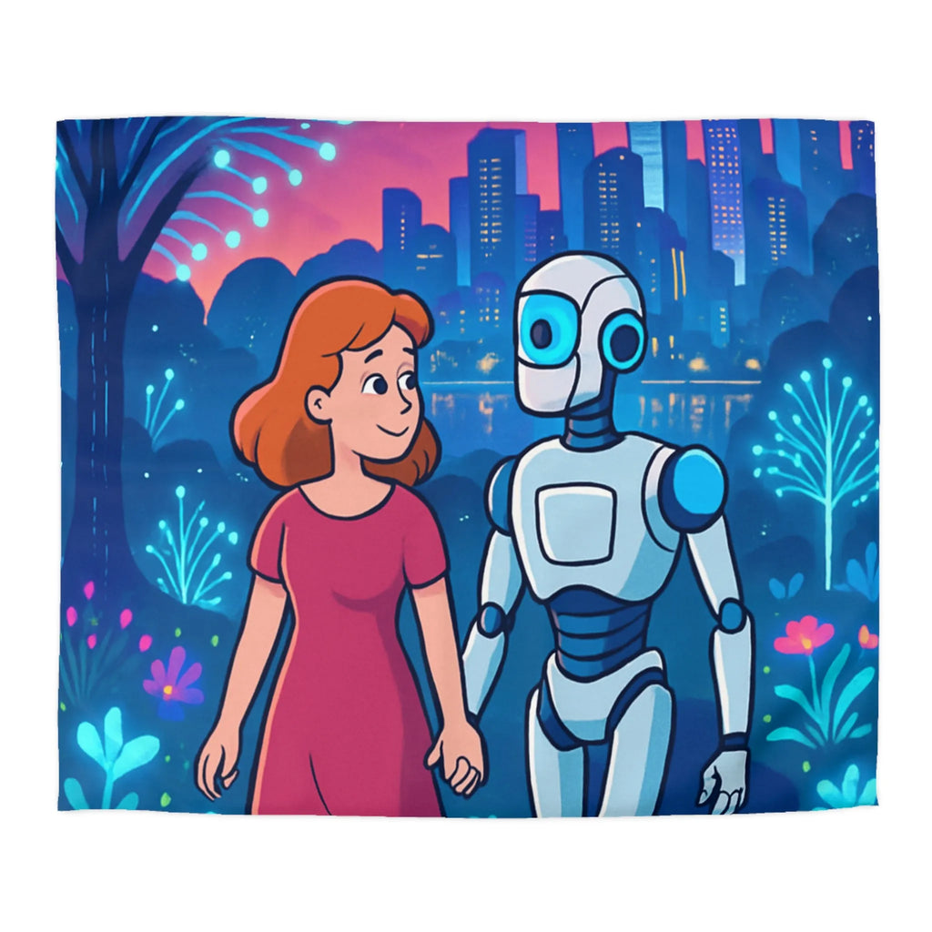 Housse de Couette Enchantée: Enfant et Robot dans un Univers Coloré et Futuriste