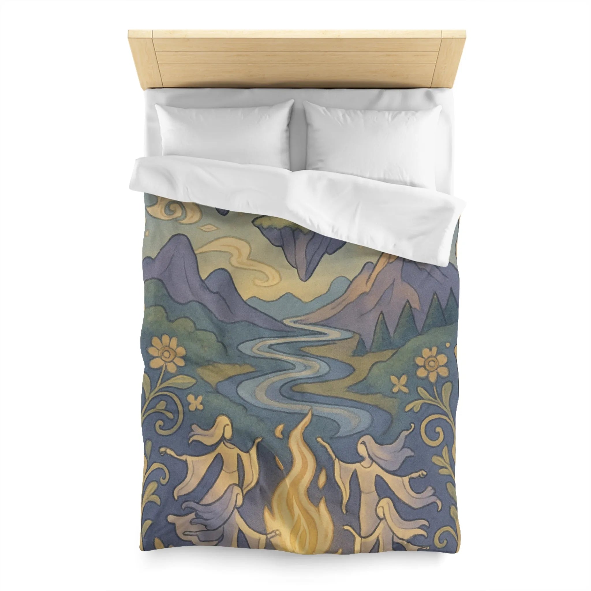 Housse de couette artistique avec montagnes flottantes et paysage féerique sous les étoiles