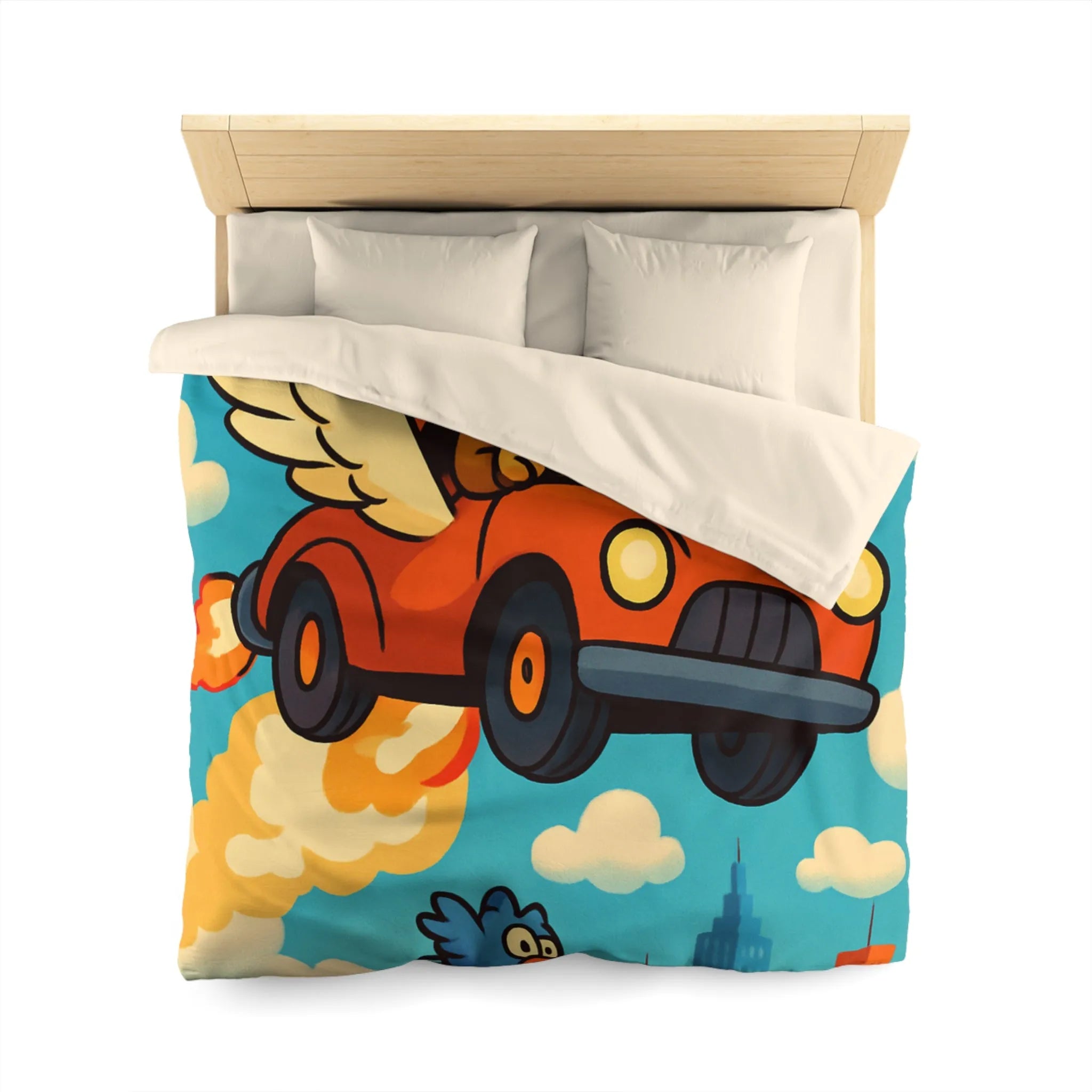Housse de couette colorée avec chien volant dans voiture ailée au-dessus de ville cartoon