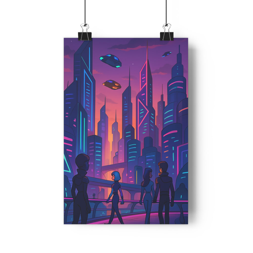 Poster décoratif rétrofuturiste gratteciel néons bleu rose salon moderne dynamique années 80 30x46 cm