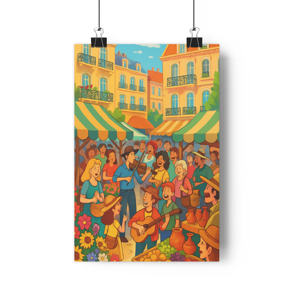 Poster décoratif ville joyeux coloré cartoon pastel bleu marché salon chambre artistique ambiance qualité