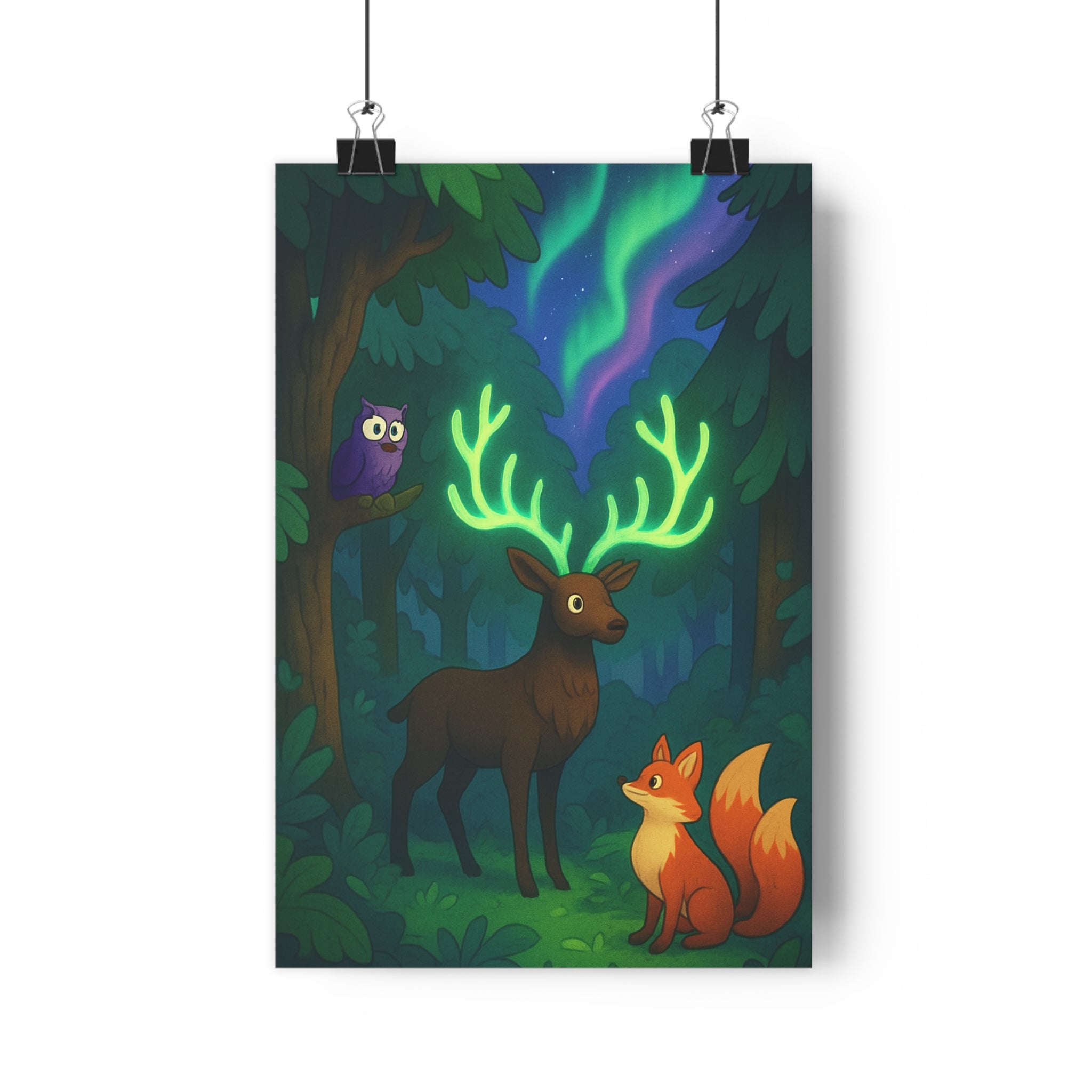 Poster décoratif forêt enchantée cerf lumineux cartoon magique vert violet chambre salon fantaisie ambiance
