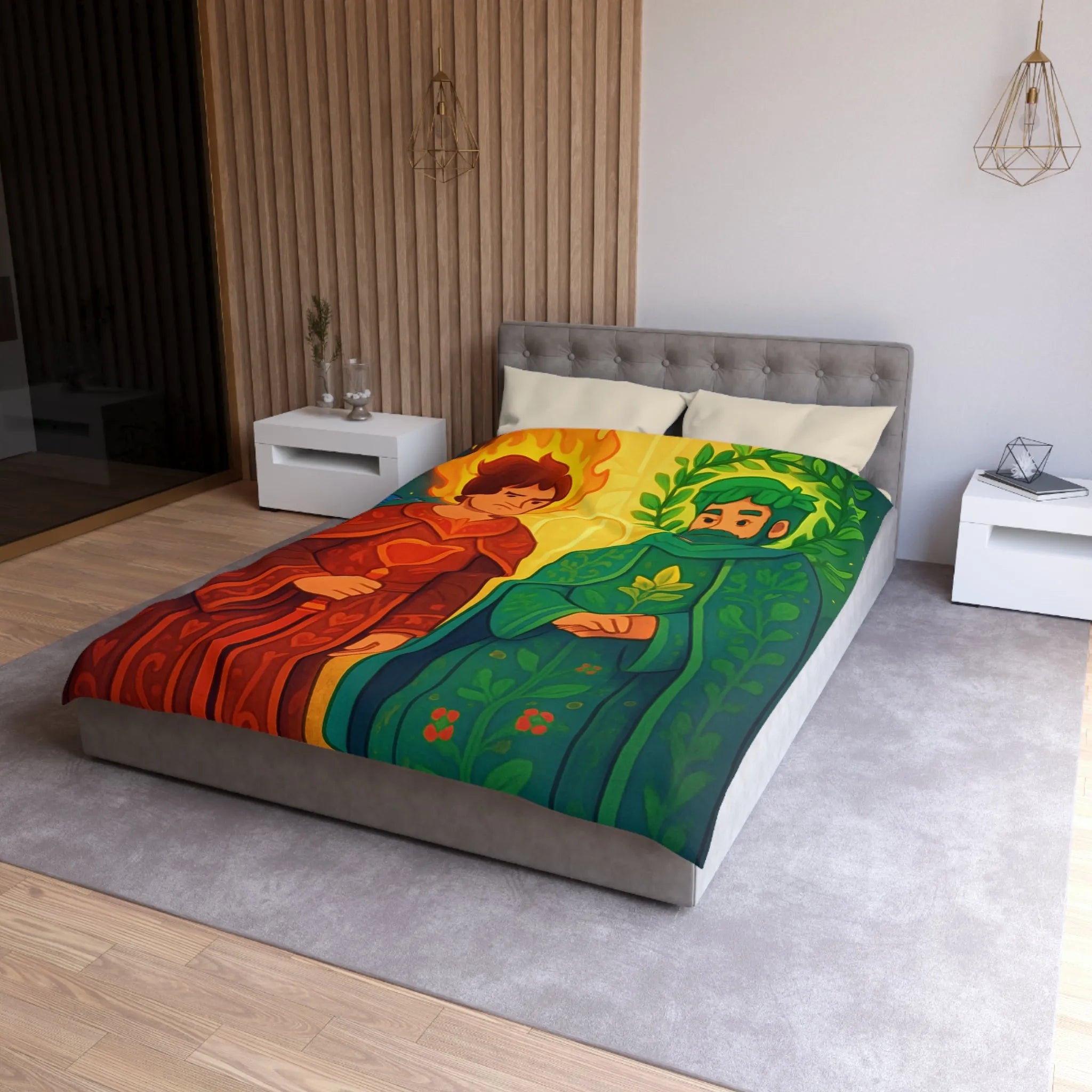 Housse de Couette Colorée avec Illustration Médiévale de Personnages Mystiques et Oiseaux Enchantés