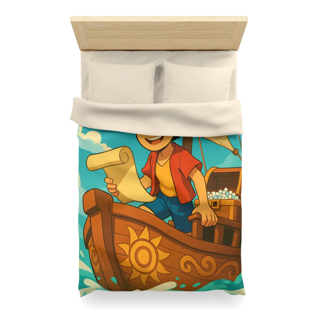 Douce housse de couette enfant motif pirate joyeux en bateau sur vagues bleues