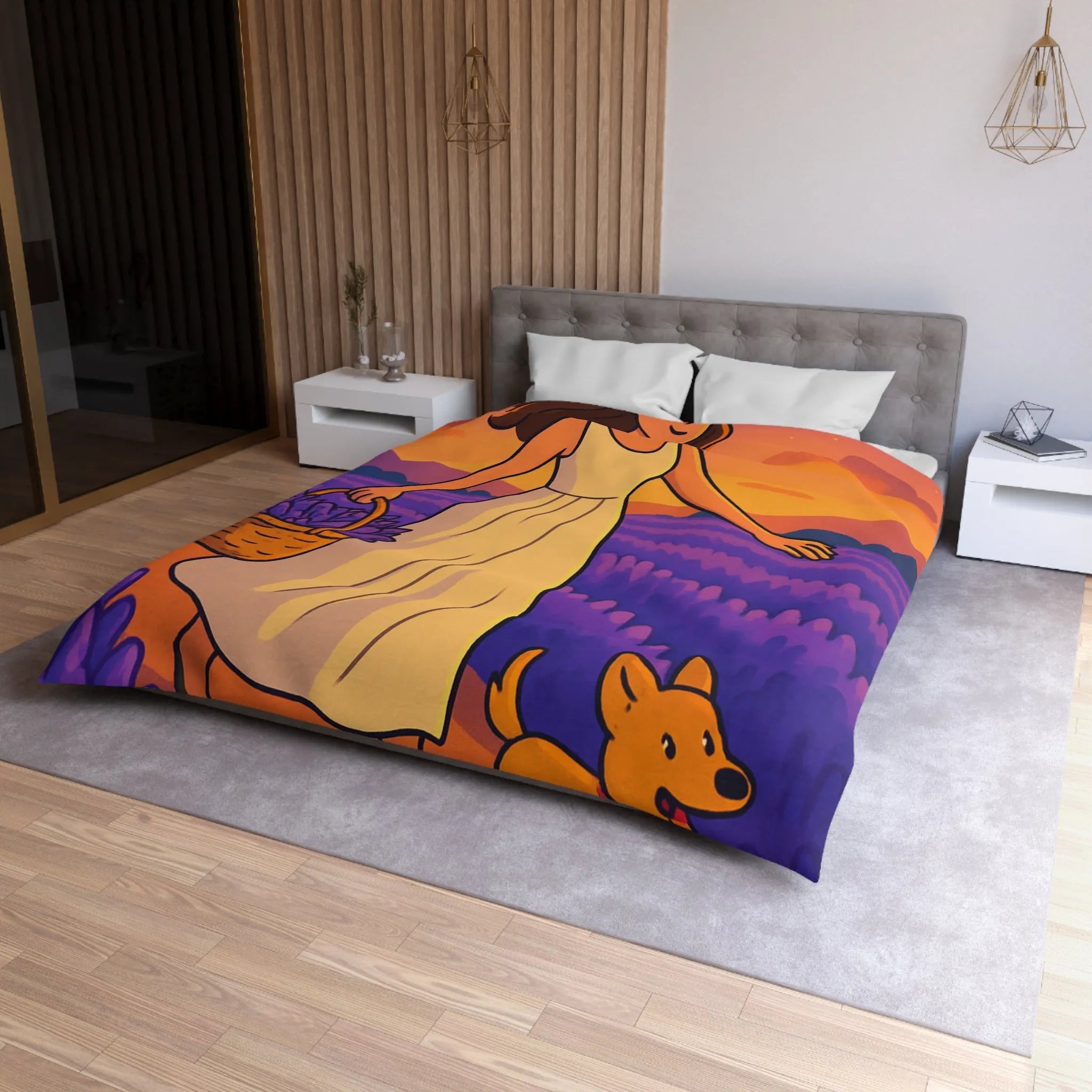 Housse de couette avec design fille et chien dans champ de lavande au coucher du soleil
