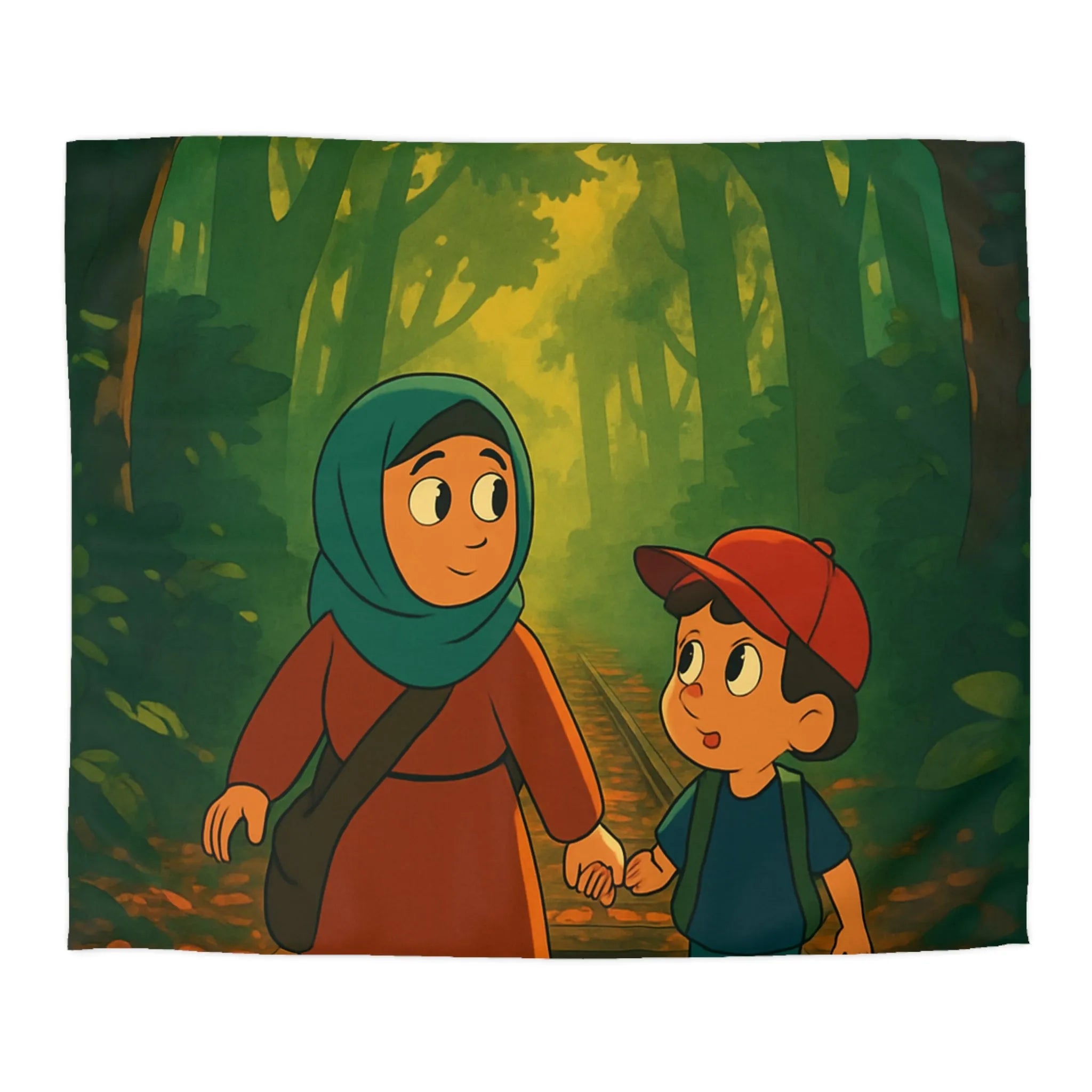 Housse de couette illustrée avec promenade chaleureuse d'un duo adorable dans forêt enchantée