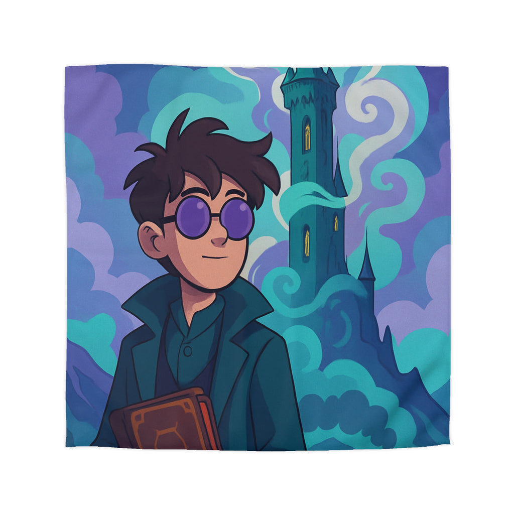 Housse de couette mystérieuse illustrant tour magique, train vapeur et hibou volant