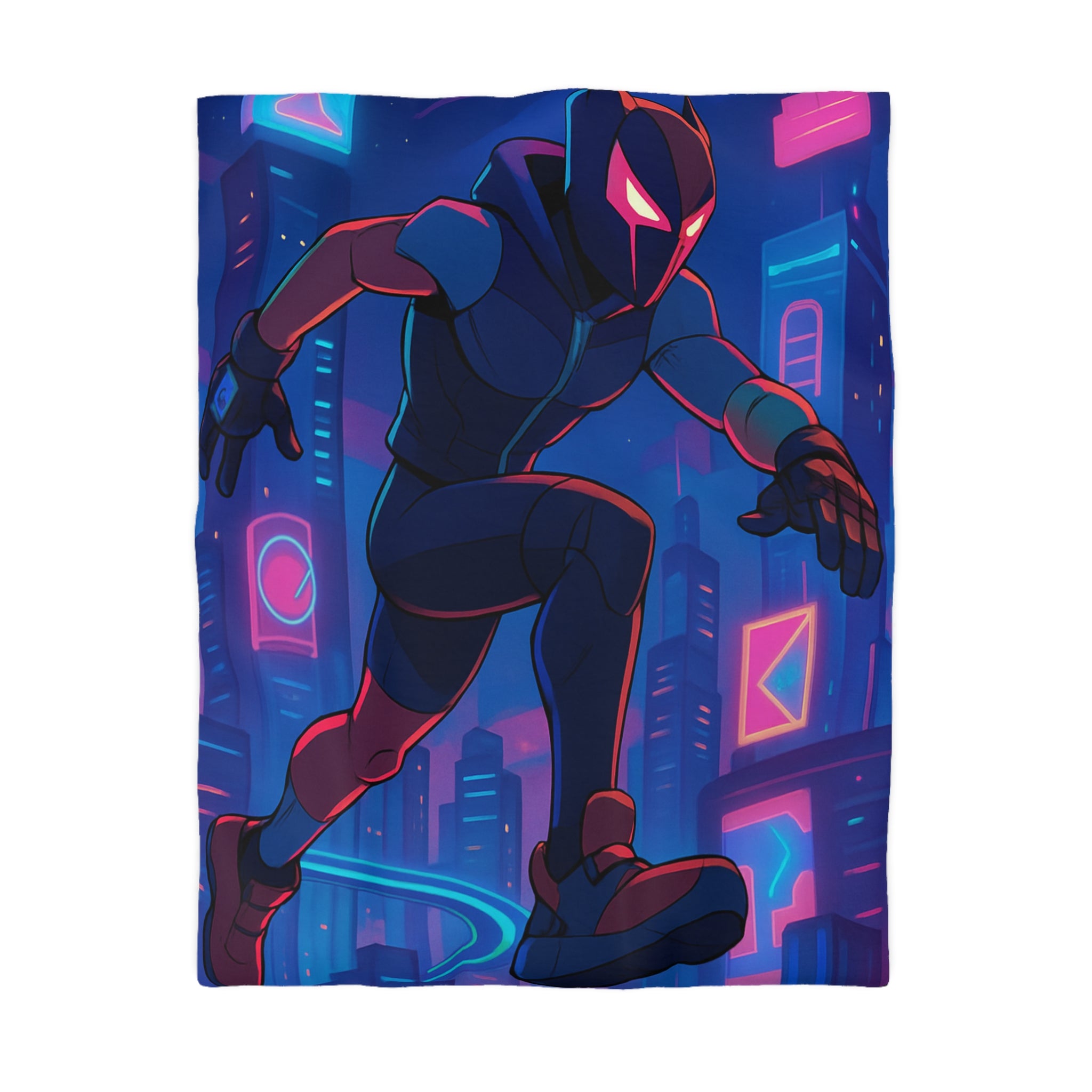 Housse de couette néon noire avec silhouette futuriste urbaine pour décoration moderne