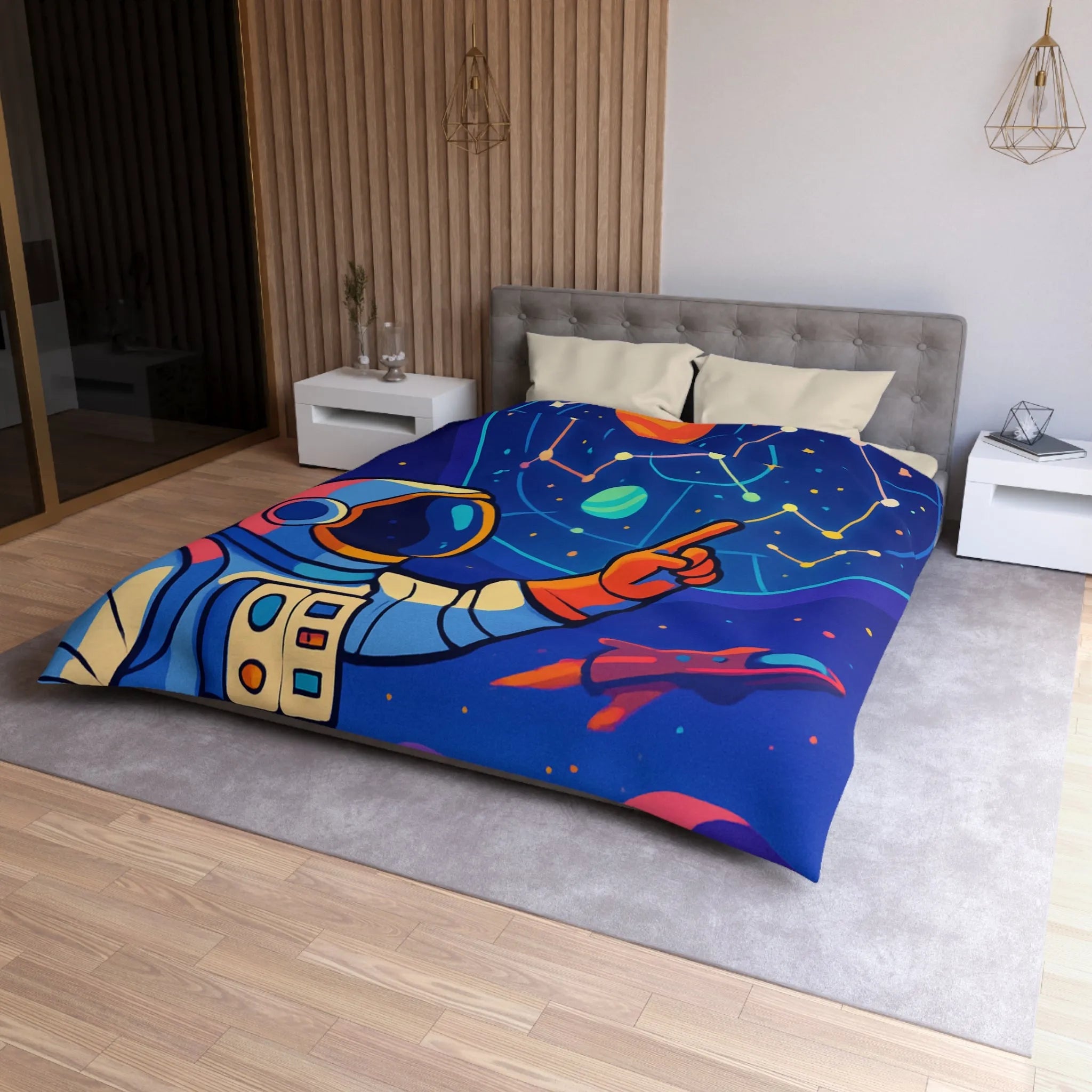 Housse de couette cosmos coloré avec astronaute, planète et carte des étoiles